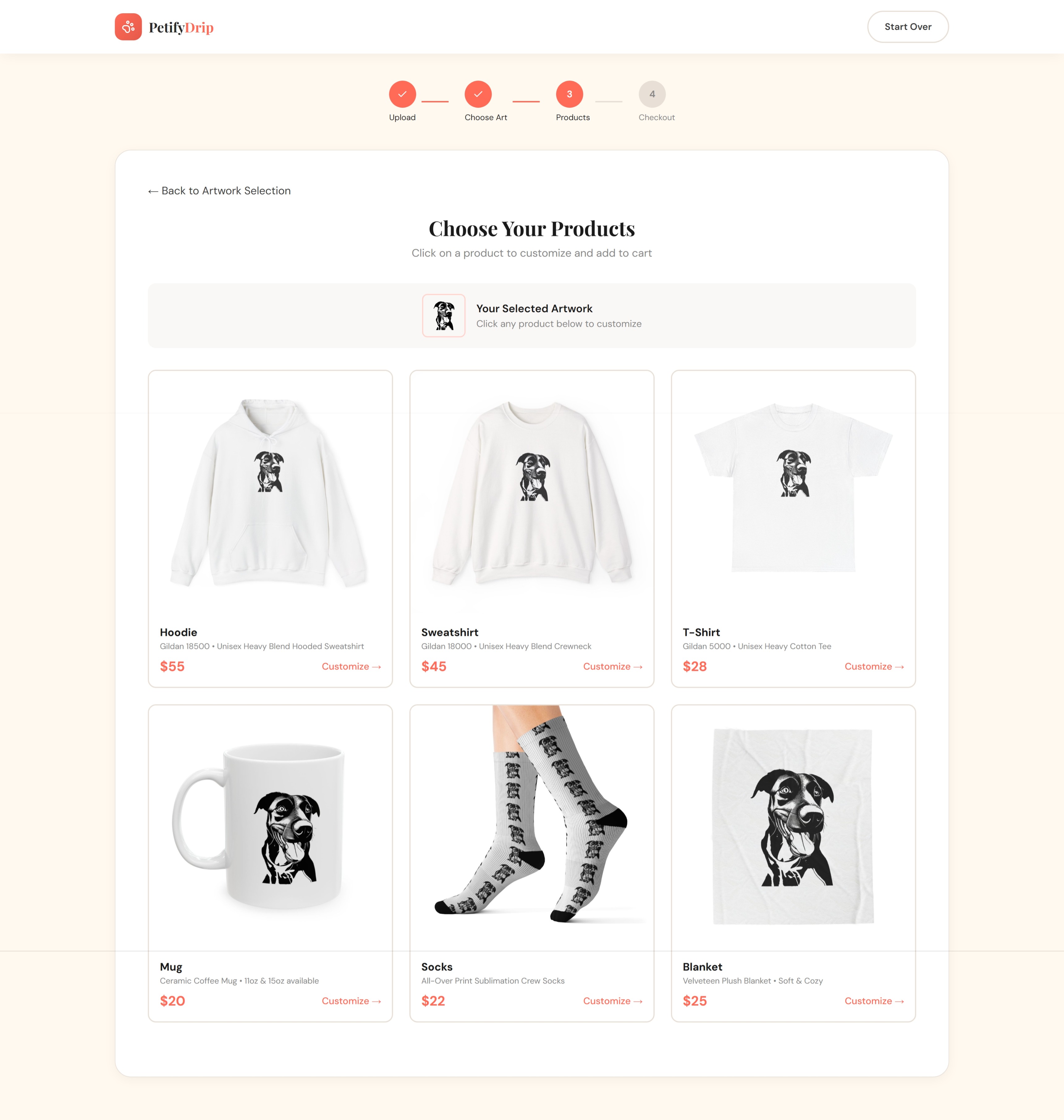 Product selection screen